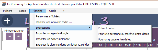 Le Planning3 - détail menu