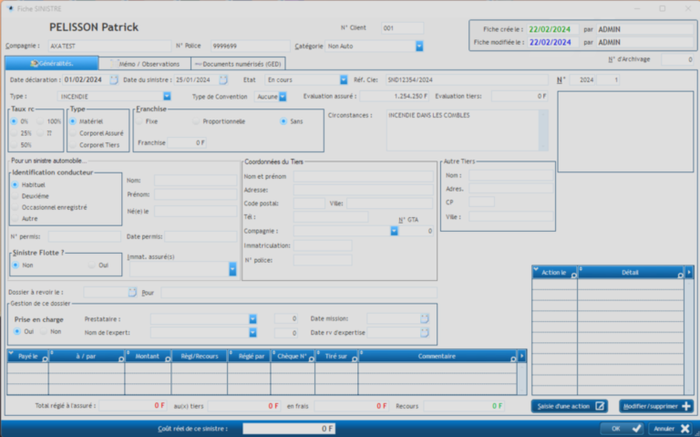 WGestass - Fiche des sinistres