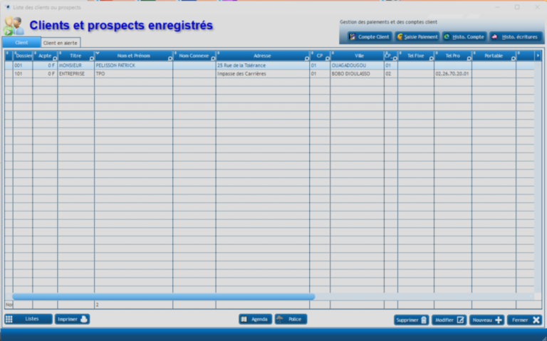 WGestass - Table des clients